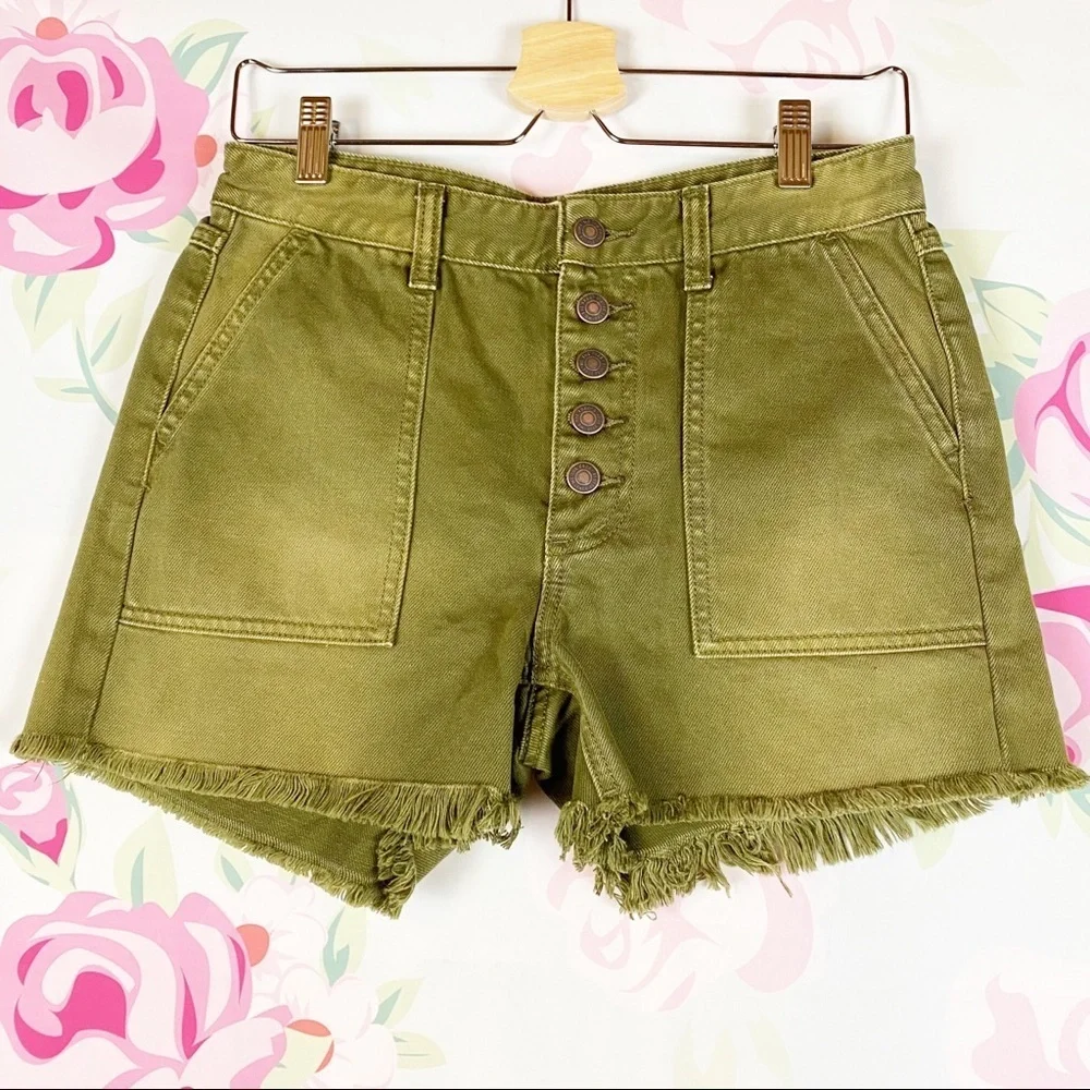 NEW Free People High Rise Distressed Button Fly Olive Army Green Denim Shorts 26